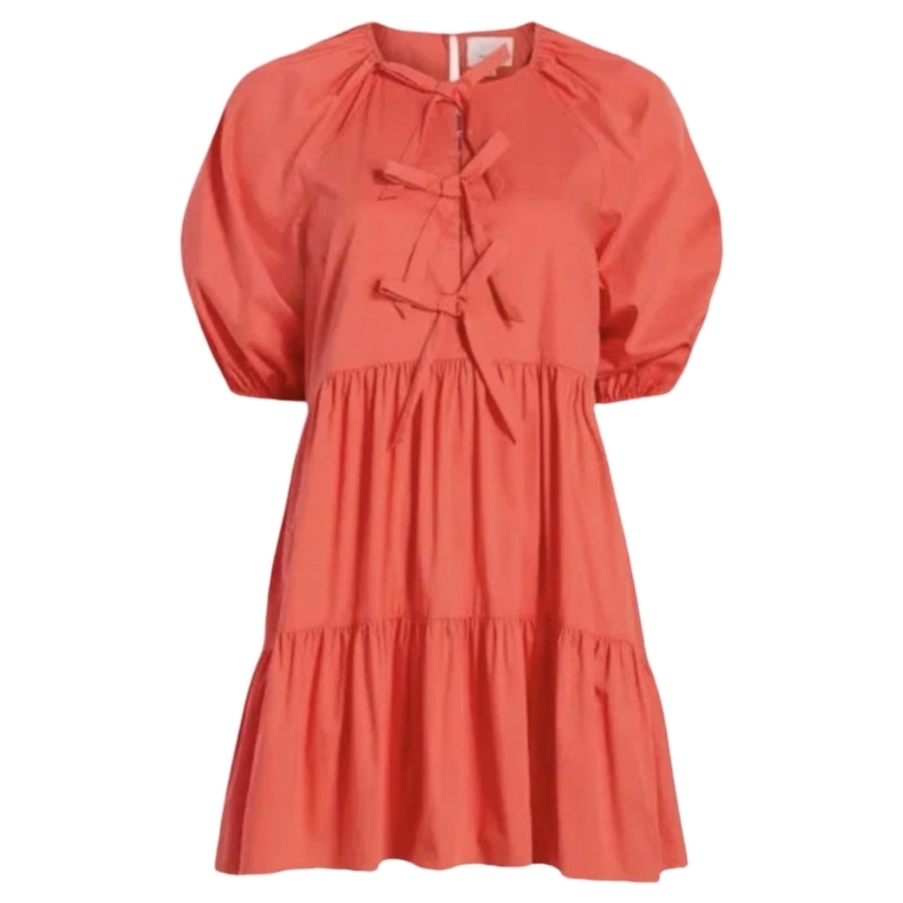 Cinq à Sept Lynn Tiered Puff Sleeve poplin Mini Dress Neon Coral Size 4